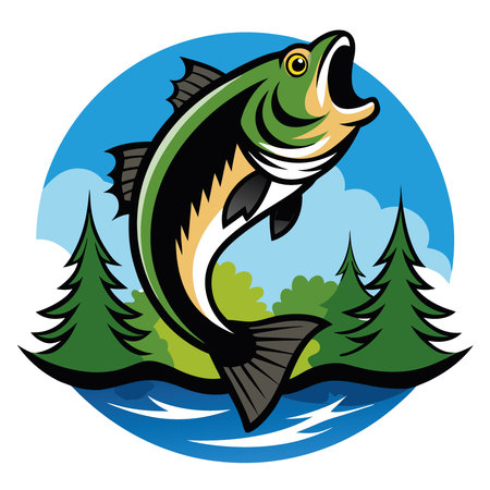 A large bass fish leaps out of the clear water. creating splashes against a backdrop of verdant trees and a bright blue sky.. AI generated. Vector iconのイラスト素材
