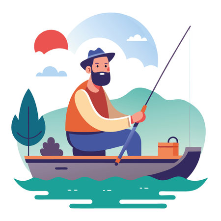 Weekend Getaway Father and Daughter Enjoy a Fun Fishing Trip on a Rented Boat. Creating Lasting Memories on a Tranquil Lake Adventure. AI generated. Vector iconのイラスト素材