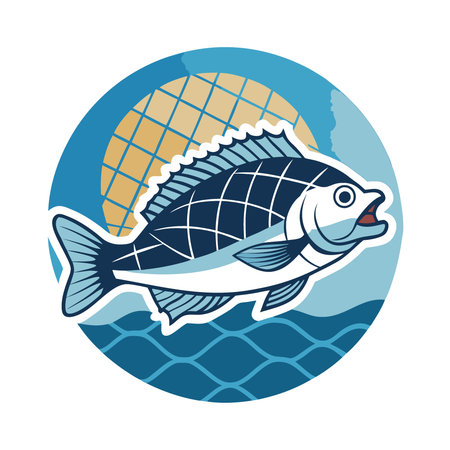 A sea bass in a fishing net with a natural water setting in the background. The clear space around the fish allows for easy text placement.. AI generated. Vector iconのイラスト素材