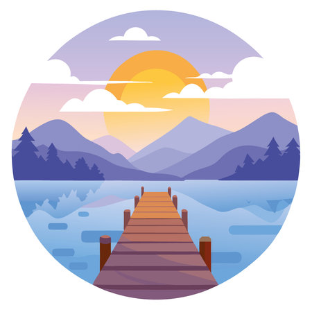 A small wooden pier extending into a calm lake at dawn. with mist rising from the water and the first rays of sunlight painting the landscape.. AI generated. Vector iconのイラスト素材