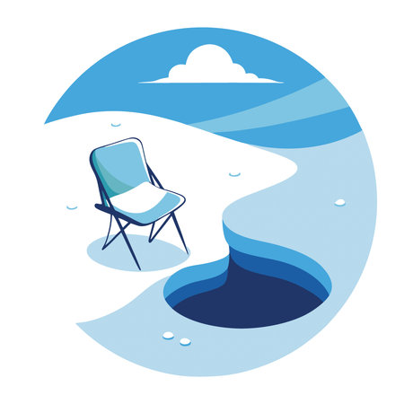 A folding chair is positioned next to a circular hole in the snow. suggesting ice fishing activity in a remote. serene winter landscape. copy space. AI generated. Vector iconのイラスト素材