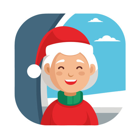An elderly Chinese woman wearing a Santa hat sits at the window of the plane and smiles. The concept of celebrating Christmas and New Year on a journey. AI generated. Vector iconのイラスト素材