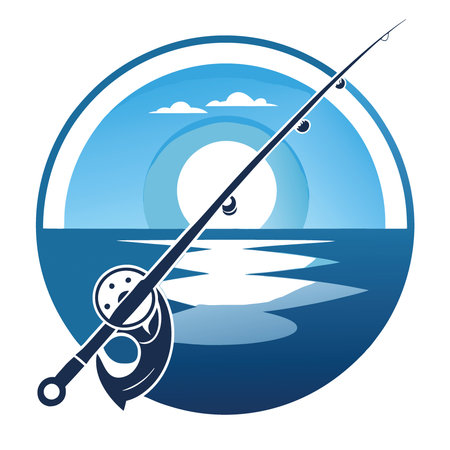 Fishing rod and reel in metallic silver against serene ocean backdrop. evoking sense of tranquility and adventure. Perfect for fishing enthusiasts and nature lovers. AI generated. Vector iconのイラスト素材