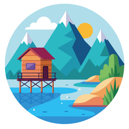 Stilt house on lake beach in mountain valley. Nature landscape with small wooden hut. pier on river and rocks. Fishing cabin on lake shore. vector cartoon illustration. AI generated. Vector iconのイラスト素材