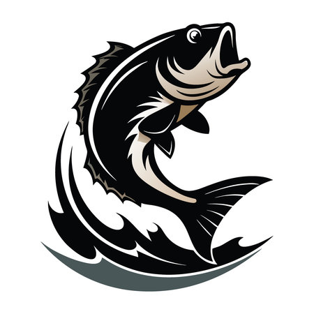 A dynamic image capturing the moment a black bass leaps energetically from the surface. creating a dramatic splash. symbolizing the thrill of sport fishing.. AI generated. Vector iconのイラスト素材