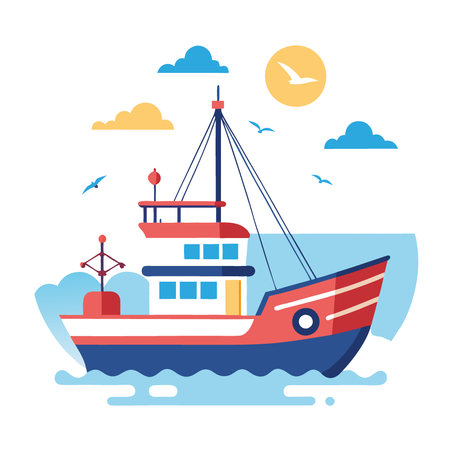 A colorful trawl fishing boat navigates calm waters. surrounded by clouds and seabirds. ready for fishing. Customizable flat illustration of trawl fishing.. AI generated. Vector iconのイラスト素材