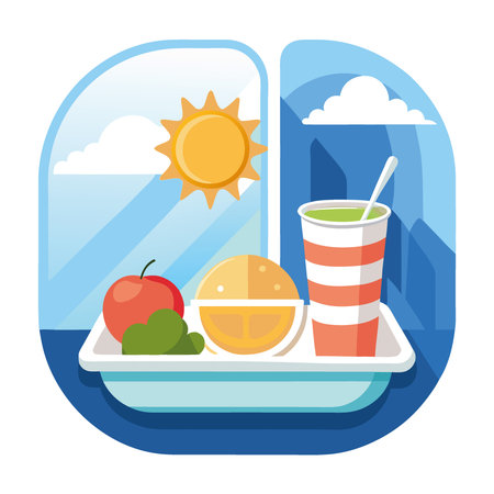 Tray with delicious healthy food on the plane. business class travel. Tasty Lunch served in the aircraft interior. Sun shining through the airplane window. Lens Flare. . AI generated. Vector iconのイラスト素材