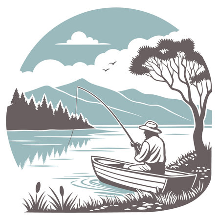 A man is fishing in a boat on a lake with mountains in the background. AI generated. Vector iconのイラスト素材