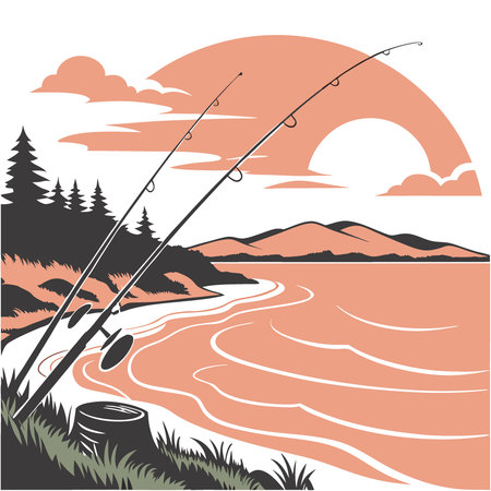 A serene fishing scene at sunset with rods and waves in the foreground.. AI generated. Vector iconのイラスト素材
