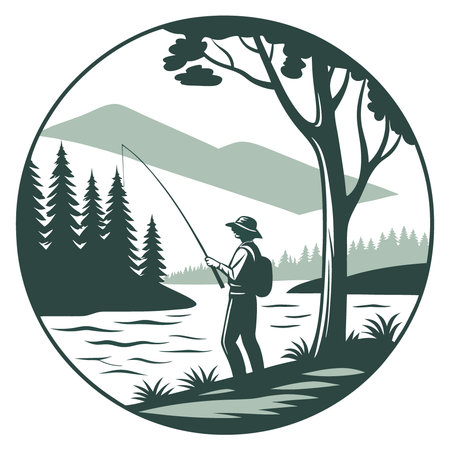 Peaceful Lake Fishing Scene with Hiker and Scenic Wilderness Background. . AI generated. Vector iconのイラスト素材