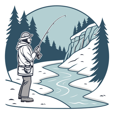 A winter fisherman catches trout on a mountain river. winter fishing. AI generated. Vector iconのイラスト素材