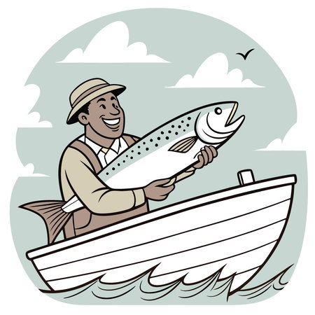 A happy fisherman on a boat holds a big fish in his hands. illustration. AI generated. Vector iconのイラスト素材