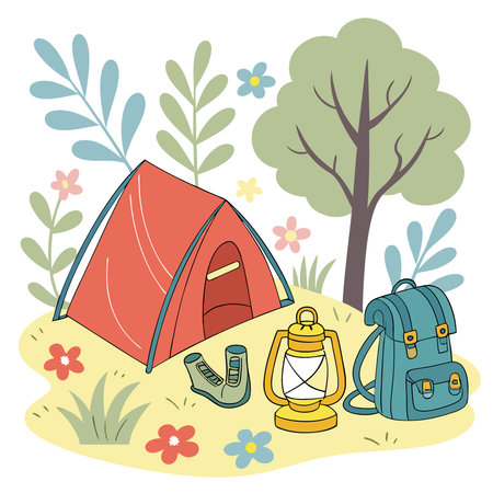 Whimsical watercolor cute Colorful camping gear and nature elements.. AI generated. Vector iconのイラスト素材