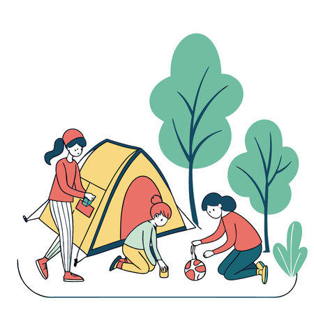 Family camping trip. kids playing by the tent. flat design illustration. AI generated. Vector iconのイラスト素材