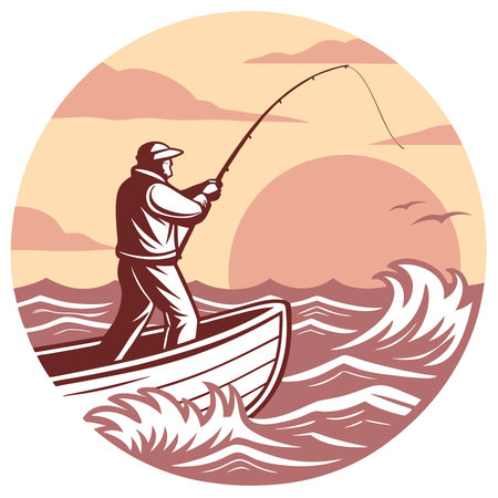 Fisherman casting a line at sunset while sport fishing in rough waters. AI generated. Vector iconのイラスト素材