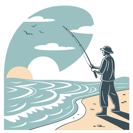 Serene Fishing Scene by the Ocean. Waves Gently Crashing Against the Shore. AI generated. Vector iconのイラスト素材