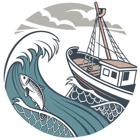 Close-Up Fishing Boat at Sea. Dramatic Ocean Waves. Net. Catch. Fishing Gear. AI generated. Vector iconのイラスト素材