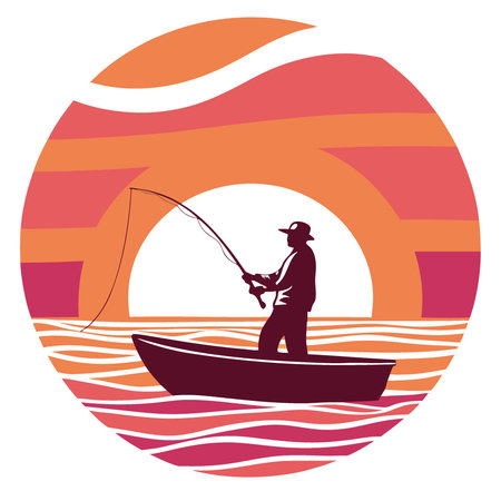 Fishing at sunset with a silhouette of a man on a boat against vibrant skies. AI generated. Vector iconのイラスト素材