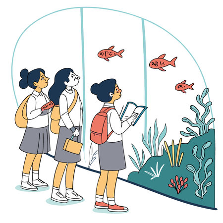 Teen girls aquarium visit. observing fish. lush background. educational trip. AI generated. Vector iconのイラスト素材