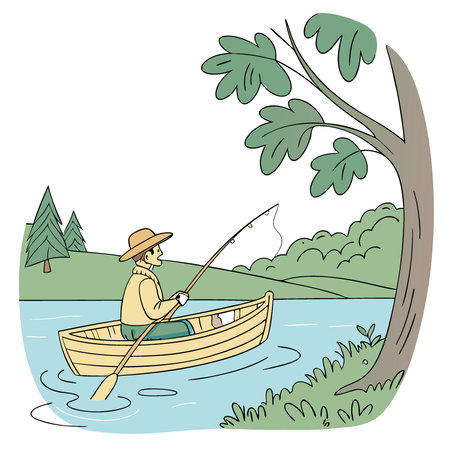 Charming Wooden Rowboat on Serene Blue Lake Waters During Summer Fishing Trip. AI generated. Vector iconのイラスト素材