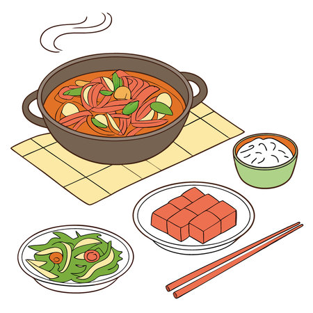 Korean cuisine stir featuring fried tripe spicy pork stews and side dishes. AI generated. Vector iconのイラスト素材