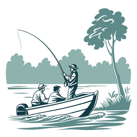 Fishing Trip - Watercolor Illustration of a Boat with Three Fishermen.. AI generated. Vector iconのイラスト素材