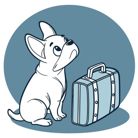 A small white dog sits in front of a blue suitcase on a blue background.. AI generated. Vector iconのイラスト素材