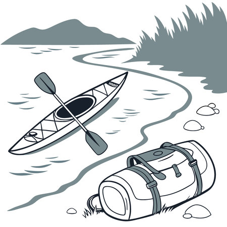 Kayak. paddles backpack. sleeping bag and dry bag for water adventure.. AI generated. Vector iconのイラスト素材
