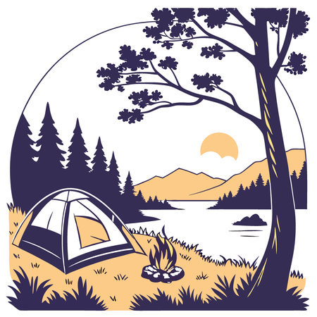 Camping scene with tent. bonfire. and lake at dusk. surrounded by trees.. AI generated. Vector iconのイラスト素材