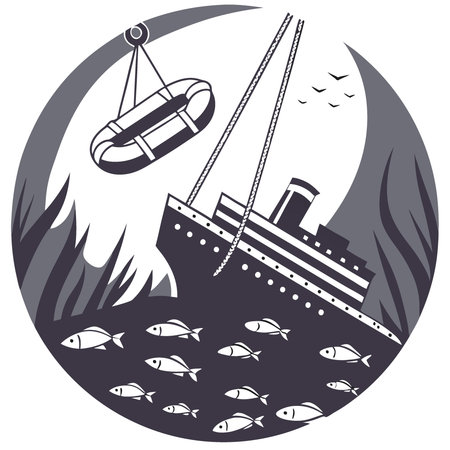 Torn lifeboat dangling from a sunken cruise ship. surrounded by schools of fish.. AI generated. Vector iconのイラスト素材