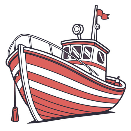 Colorful fishing boat with red and white stripes on white isolated background.. AI generated. Vector iconのイラスト素材