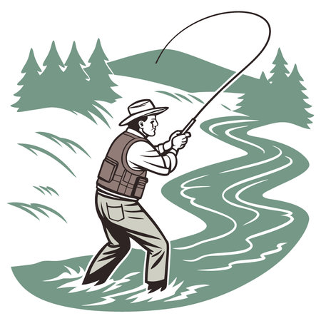 A fly fisherman stands knee-deep in the river. casting towards the moving current.. AI generated. Vector iconのイラスト素材