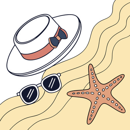 Creative flat lay featuring sunglasses. hat. and starfish over sandy background. AI generated. Vector iconのイラスト素材