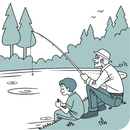 A young boy fishing with his grandfather at a quiet lake. the water calm and still. AI generated. Vector iconのイラスト素材
