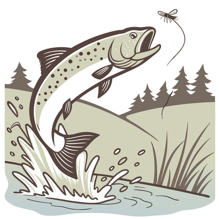 Trout Leaping Out of the Water with a Fishing Fly in its Mouth. Captured Mid-Catch. AI generated. Vector iconのイラスト素材