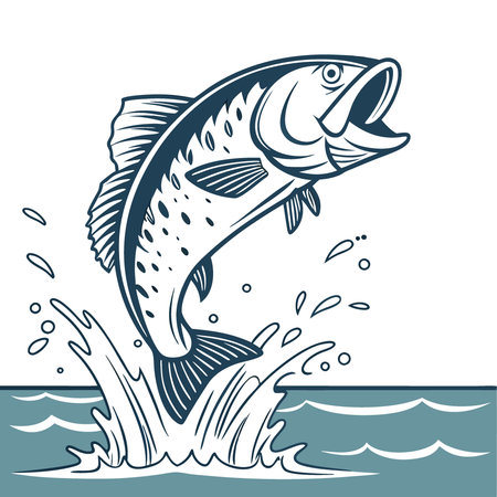 A largemouth bass leaping out of the water. creating a splash of water droplets.. AI generated. Vector iconのイラスト素材