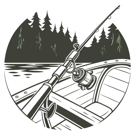 Close-up of a fishing rod and reel on a boat in a lake with a forest background.. AI generated. Vector iconのイラスト素材