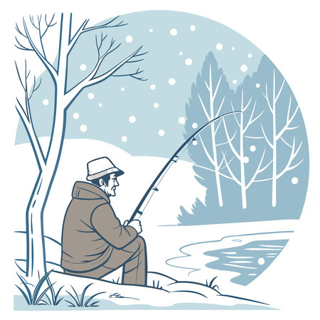 Fisherman sits with a fishing rod on a winter fishing trip. it's snowing all around. AI generated. Vector iconのイラスト素材