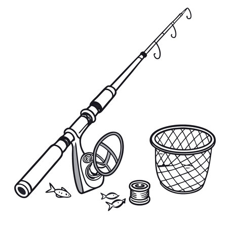 A complete fishing rod and reel set. ready with line and accessories for the perfect catch.. AI generated. Vector iconのイラスト素材