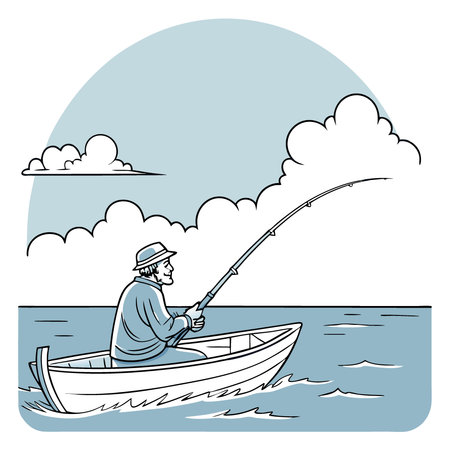 A fisherman enjoying a quiet day on the ocean. with his line cast into the calm blue water.. AI generated. Vector iconのイラスト素材