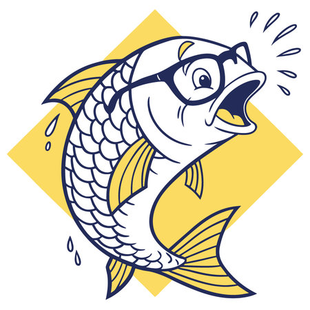 A shocked fish with glasses on a yellow background. created by a neural network. technology. AI generated. Vector iconのイラスト素材