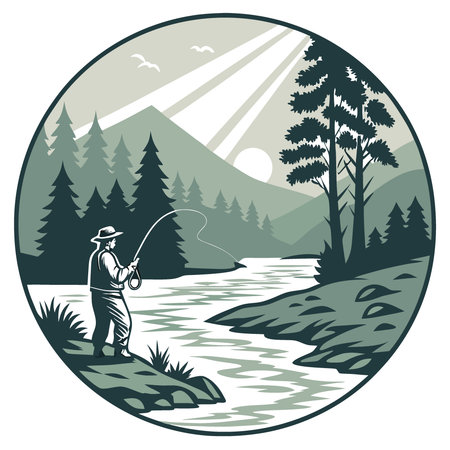 Exciting salmon fishing adventure on the river outdoors fly fishing techniques scenic view. AI generated. Vector iconのイラスト素材