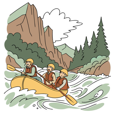 A group of friends white-water rafting in the middle-class river on a summer day in Colorado. AI generated. Vector iconのイラスト素材