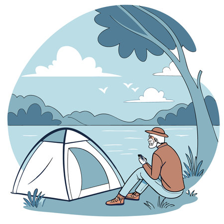 A senior man enjoys a peaceful moment by the lake. camping near his tent under a clear blue sky.. AI generated. Vector iconのイラスト素材