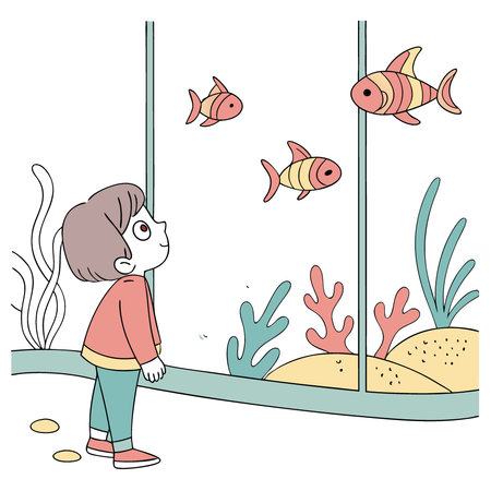 Toddler watching the shoal of fish swimming in oceanarium. Young kid exploring ocean wildlife.. AI generated. Vector iconのイラスト素材