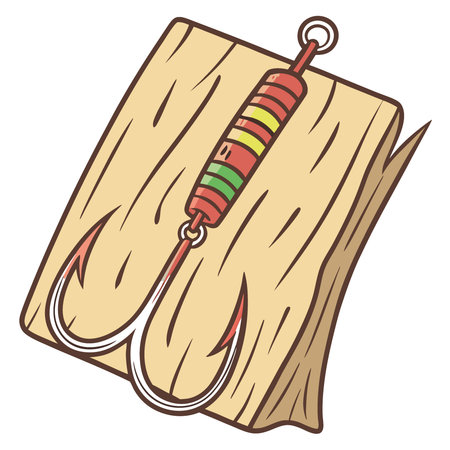 Colorful fishing hook with vibrant colors and sharp barb displayed on a rustic wooden surface. AI generated. Vector iconのイラスト素材