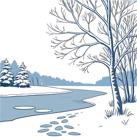 Serene Winter Landscape with Ice Fishing Holes and Snow-Covered Frozen Lake Under Clear Blue Sky. AI generated. Vector iconのイラスト素材