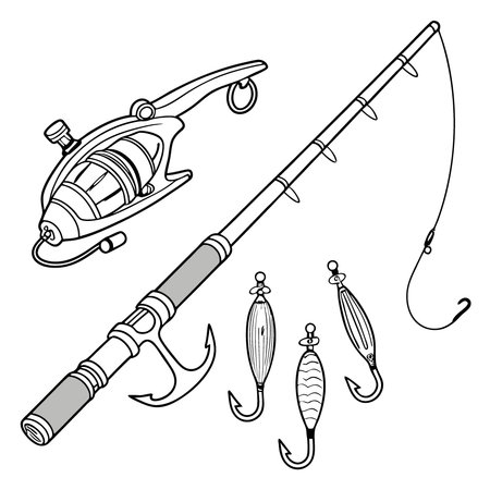 Detailed Outline Drawing of Fishing Gear Including Rod. Reel. and Various Types of Baits and Hooks. AI generated. Vector iconのイラスト素材