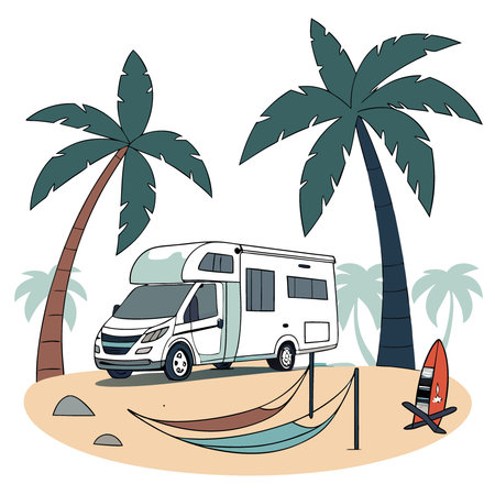 Modern camping car on a beach with surfboards and a hammock tied between palm trees. 3D rendering. AI generated. Vector iconのイラスト素材