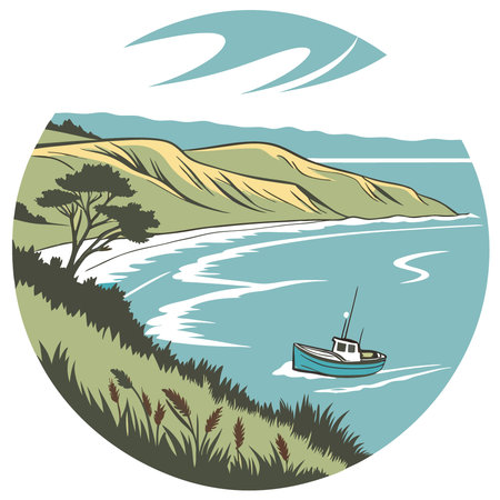 Fishing boat at sea coastal waters landscape photography natural environment serene view adventure. AI generated. Vector iconのイラスト素材